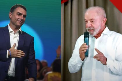 Lula aceita condições de Flávio Bolsonaro para abertura de sigilos: montagem com o senador do PL e o presidente em eventos da campanha de 2026