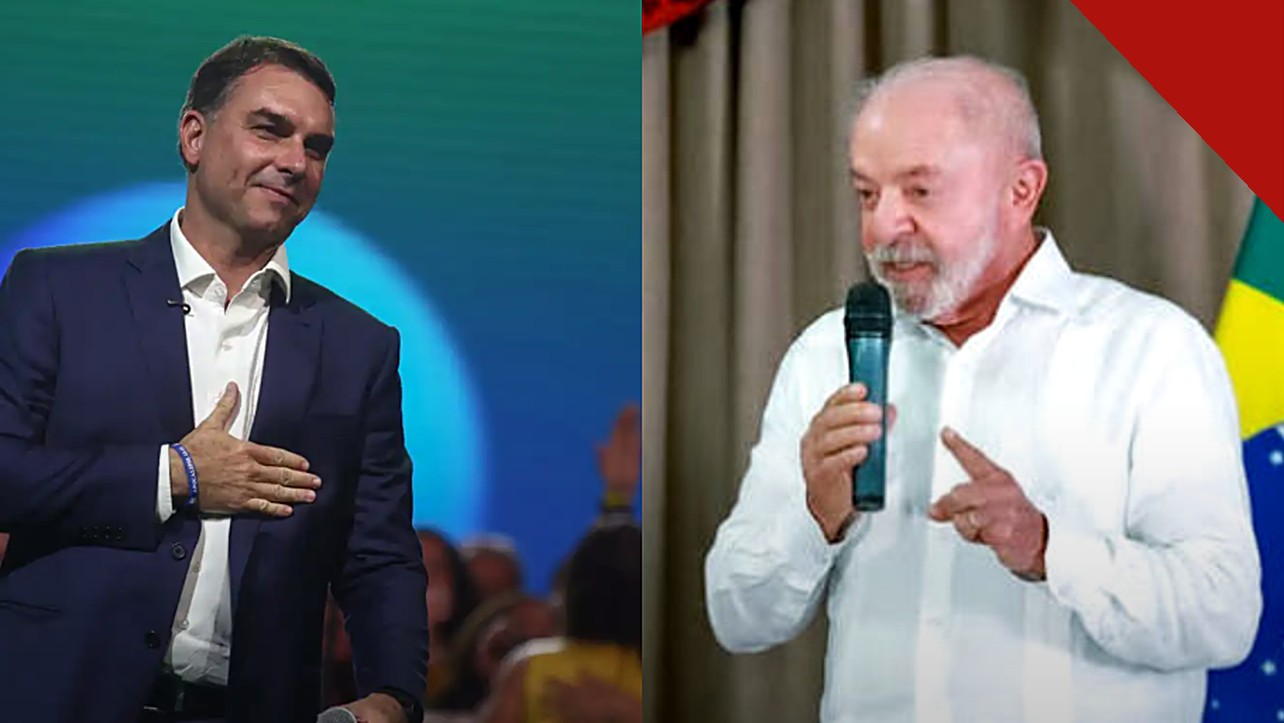 Lula aceita condições de Flávio Bolsonaro para abertura de sigilos: montagem com o senador do PL e o presidente em eventos da campanha de 2026