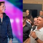 Leonardo falta a encontro com Flávio Bolsonaro e sertanejos: montagem com o cantor em show e o candidato falando ao microfone na reunião
