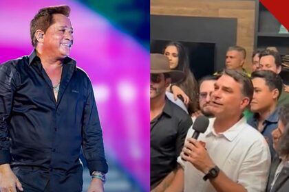 Leonardo falta a encontro com Flávio Bolsonaro e sertanejos: montagem com o cantor em show e o candidato falando ao microfone na reunião