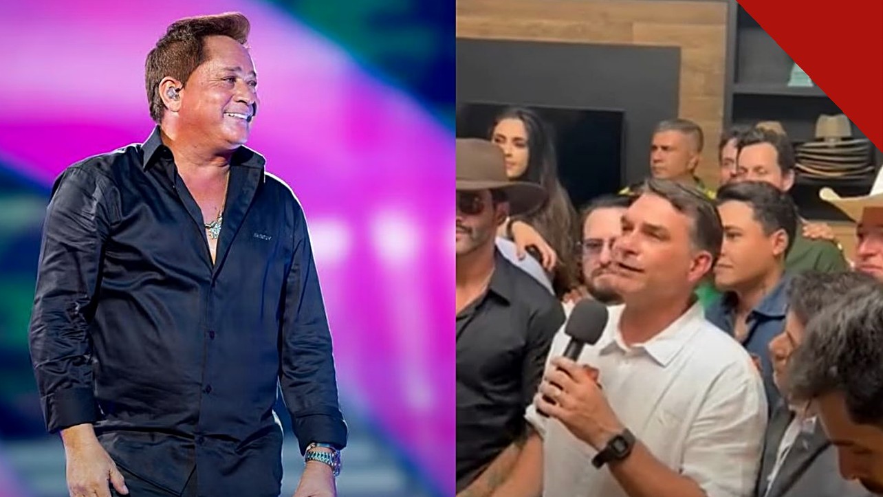 Leonardo falta a encontro com Flávio Bolsonaro e sertanejos: montagem com o cantor em show e o candidato falando ao microfone na reunião