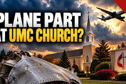 peça de avião é achada em igreja: ilustração da Charisma News sobre o destroço achado no terreno de um templo metodista em Barrington, Illinois