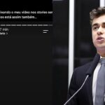 Nikolas Ferreira relata falha em vídeo: montagem com o print da tela preta nos stories e o deputado na Câmara