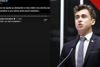 Nikolas Ferreira relata falha em vídeo: montagem com o print da tela preta nos stories e o deputado na Câmara