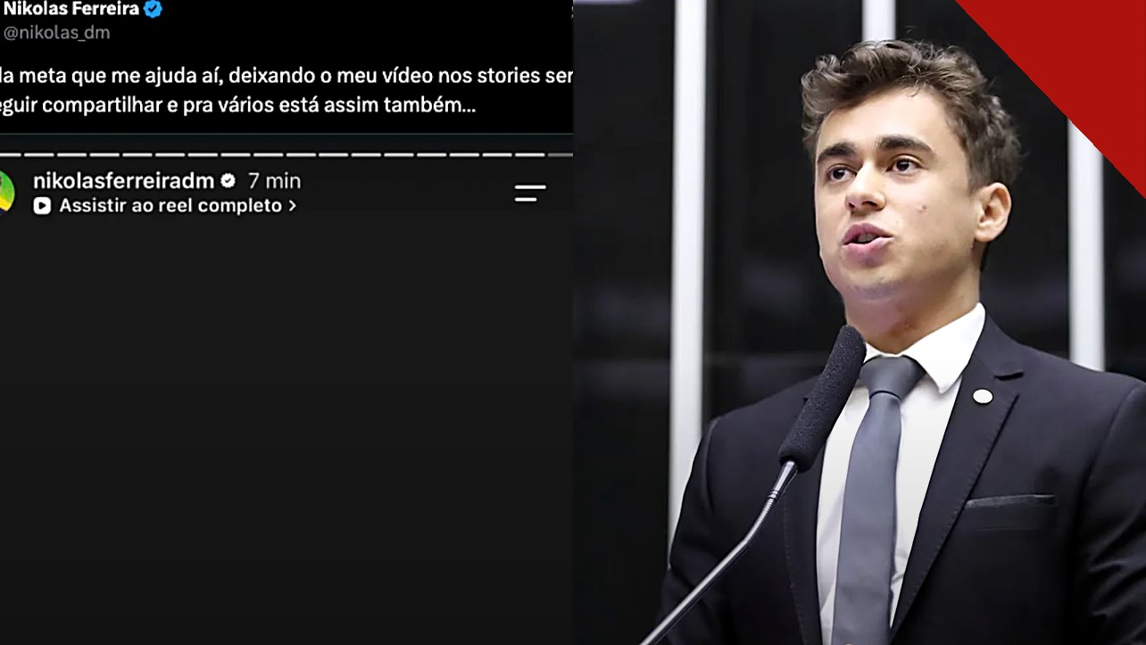 Nikolas Ferreira relata falha em vídeo: montagem com o print da tela preta nos stories e o deputado na Câmara