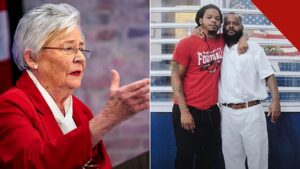 Governadora do Alabama comuta pena de morte: Kay Ivey e Toforest Johnson ao lado do filho, em montagem da fonte