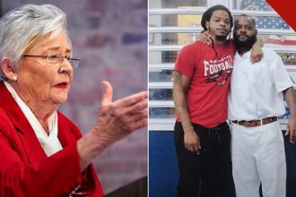 Governadora do Alabama comuta pena de morte: Kay Ivey e Toforest Johnson ao lado do filho, em montagem da fonte