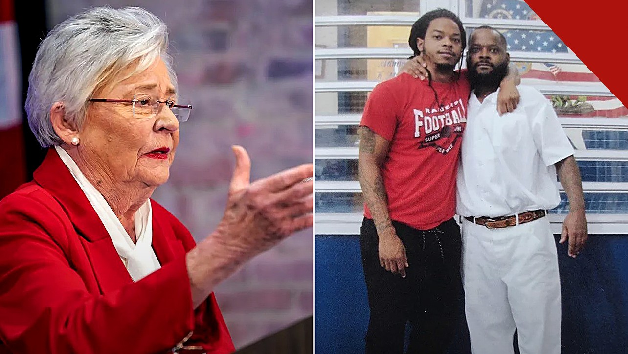 Governadora do Alabama comuta pena de morte: Kay Ivey e Toforest Johnson ao lado do filho, em montagem da fonte