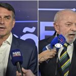 TSE nega pedido de Flávio Bolsonaro: montagem com Flávio Bolsonaro e Lula falando a microfones da imprensa em debate eleitoral
