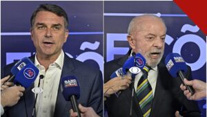 TSE nega pedido de Flávio Bolsonaro: montagem com Flávio Bolsonaro e Lula falando a microfones da imprensa em debate eleitoral