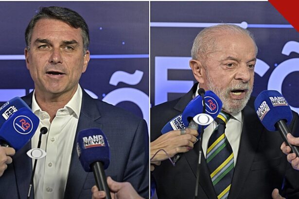 TSE nega pedido de Flávio Bolsonaro: montagem com Flávio Bolsonaro e Lula falando a microfones da imprensa em debate eleitoral