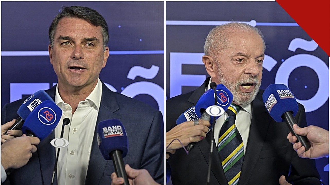 TSE nega pedido de Flávio Bolsonaro: montagem com Flávio Bolsonaro e Lula falando a microfones da imprensa em debate eleitoral