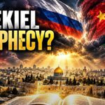 Ilustração de Jerusalém com Bíblia aberta e bandeiras de Rússia, China e Irã, tema de quando Jentezen Franklin alerta sobre ataque a Israel