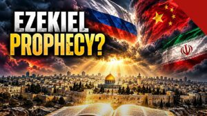 Ilustração de Jerusalém com Bíblia aberta e bandeiras de Rússia, China e Irã, tema de quando Jentezen Franklin alerta sobre ataque a Israel