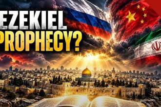 Ilustração de Jerusalém com Bíblia aberta e bandeiras de Rússia, China e Irã, tema de quando Jentezen Franklin alerta sobre ataque a Israel