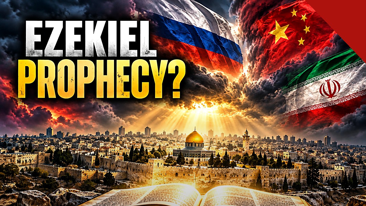 Ilustração de Jerusalém com Bíblia aberta e bandeiras de Rússia, China e Irã, tema de quando Jentezen Franklin alerta sobre ataque a Israel