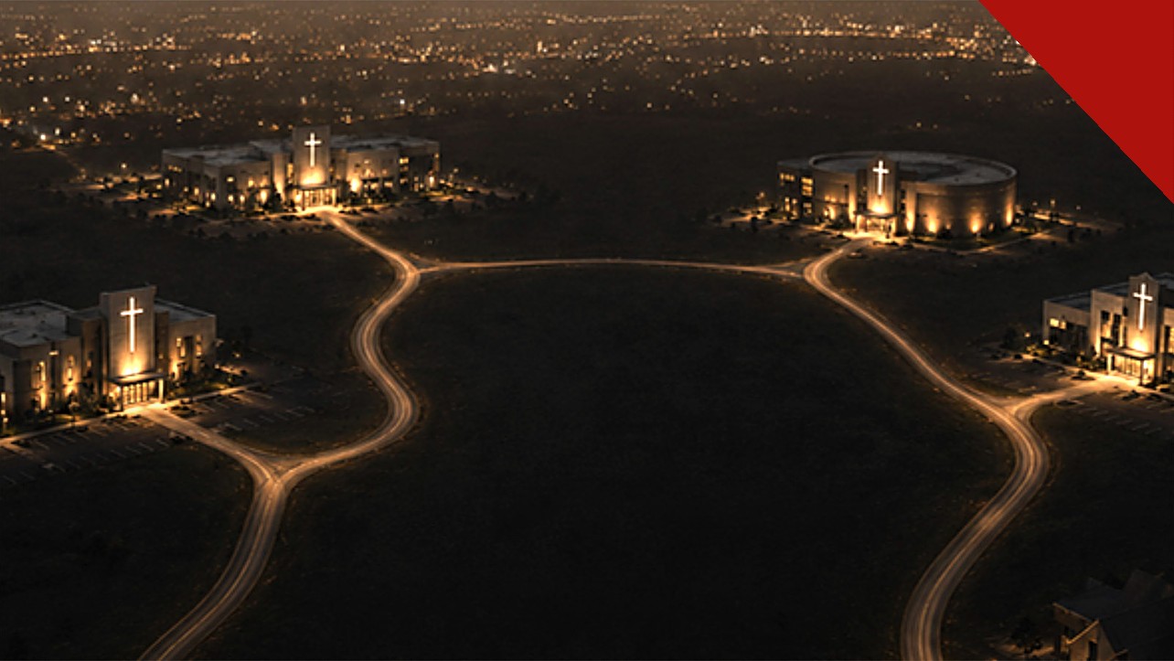 As igrejas multisite somam 1800 nos EUA: vista aérea noturna de campi de igrejas ligados por estradas iluminadas, imagem do estudo Multisite Revealed