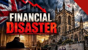 A Igreja da Inglaterra enfrenta declínio: arte com catedral inglesa e a expressão desastre financeiro em destaque