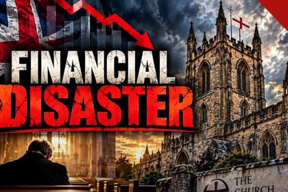 A Igreja da Inglaterra enfrenta declínio: arte com catedral inglesa e a expressão desastre financeiro em destaque