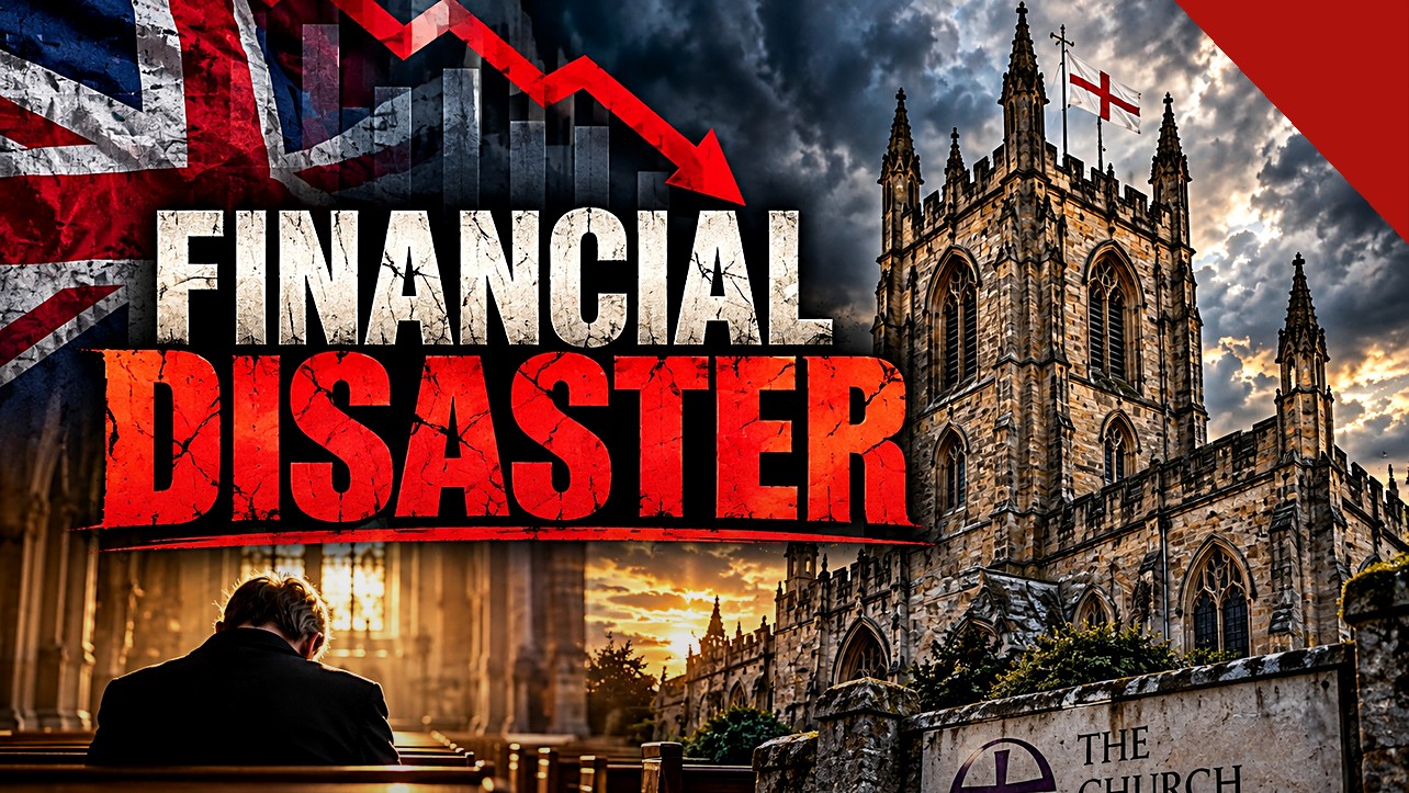 A Igreja da Inglaterra enfrenta declínio: arte com catedral inglesa e a expressão desastre financeiro em destaque
