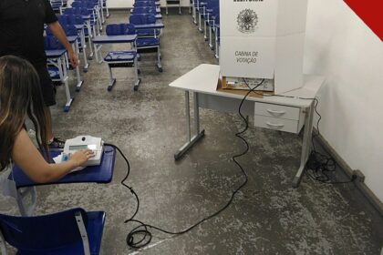 deputado denuncia professora por assédio eleitoral: eleitor votando em urna eletrônica durante eleição municipal no Brasil