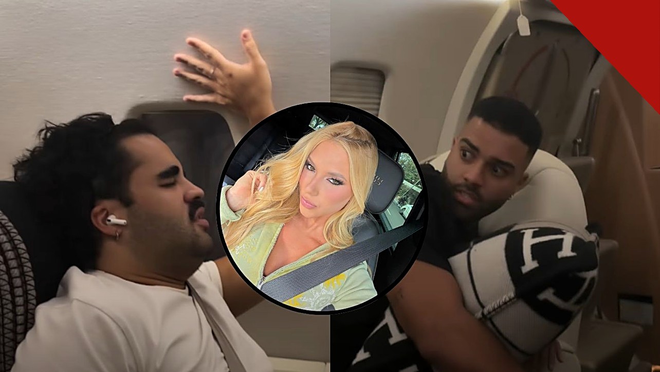 Virginia Fonseca enfrenta turbulência em jatinho: amigos assustados na cabine e a influenciadora em foto circular ao centro da montagem
