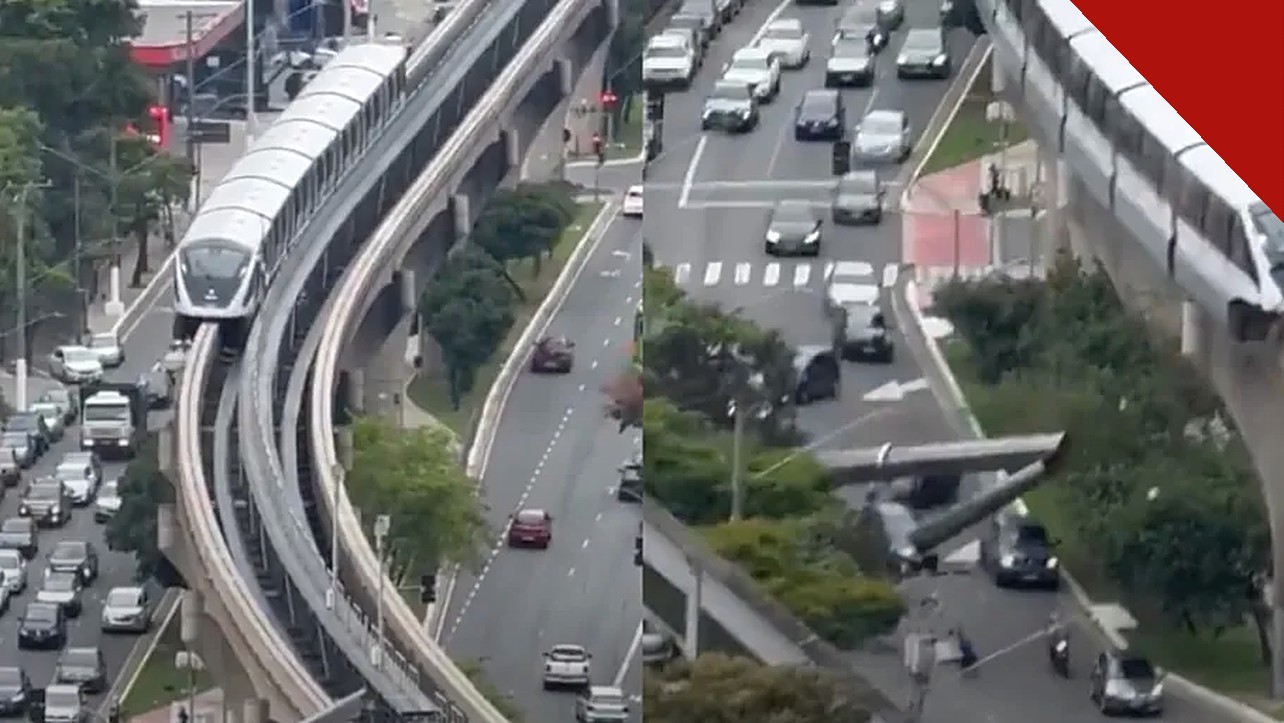 guindaste cai sobre monotrilho em São Paulo: trem da Linha 15-Prata na via elevada e o guindaste caído sobre a Avenida Anhaia Mello