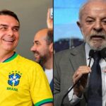 últimas pesquisas do segundo turno: composição com Flávio Bolsonaro de camisa da seleção brasileira e Lula falando a microfones, os dois candidatos da eleição de 2026