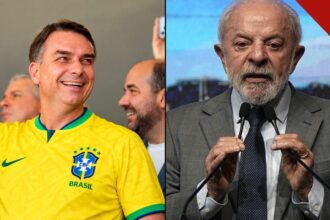 últimas pesquisas do segundo turno: composição com Flávio Bolsonaro de camisa da seleção brasileira e Lula falando a microfones, os dois candidatos da eleição de 2026