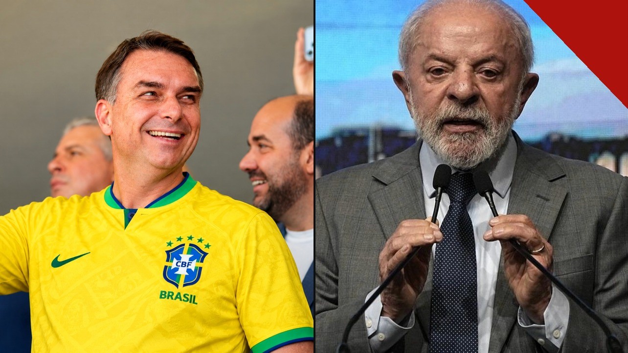 últimas pesquisas do segundo turno: composição com Flávio Bolsonaro de camisa da seleção brasileira e Lula falando a microfones, os dois candidatos da eleição de 2026