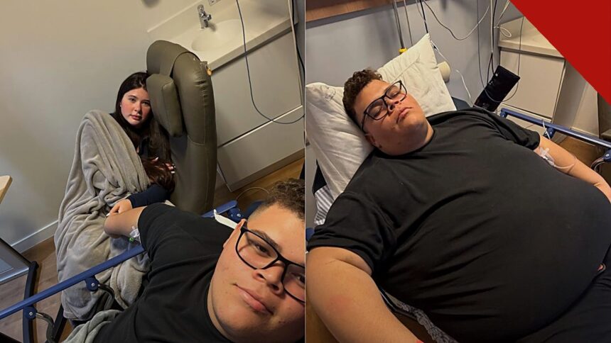 Gordão da XJ é levado ao hospital: o influenciador deitado em leito hospitalar ao lado da esposa Nicolle Caroline, em fotos do atendimento deste sábado