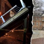deck desaba em festa de universidade na Virgínia: o deck desabado na casa em Williamsburg, isolado com fita da polícia após o acidente
