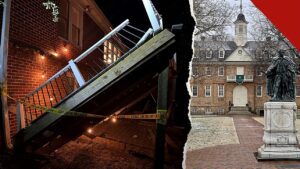 deck desaba em festa de universidade na Virgínia: o deck desabado na casa em Williamsburg, isolado com fita da polícia após o acidente