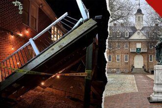 deck desaba em festa de universidade na Virgínia: o deck desabado na casa em Williamsburg, isolado com fita da polícia após o acidente