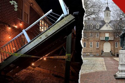 deck desaba em festa de universidade na Virgínia: o deck desabado na casa em Williamsburg, isolado com fita da polícia após o acidente