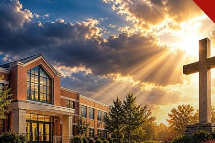 distrito escolar libera grupos cristãos: escola pública americana com cruz de pedra ao pôr do sol