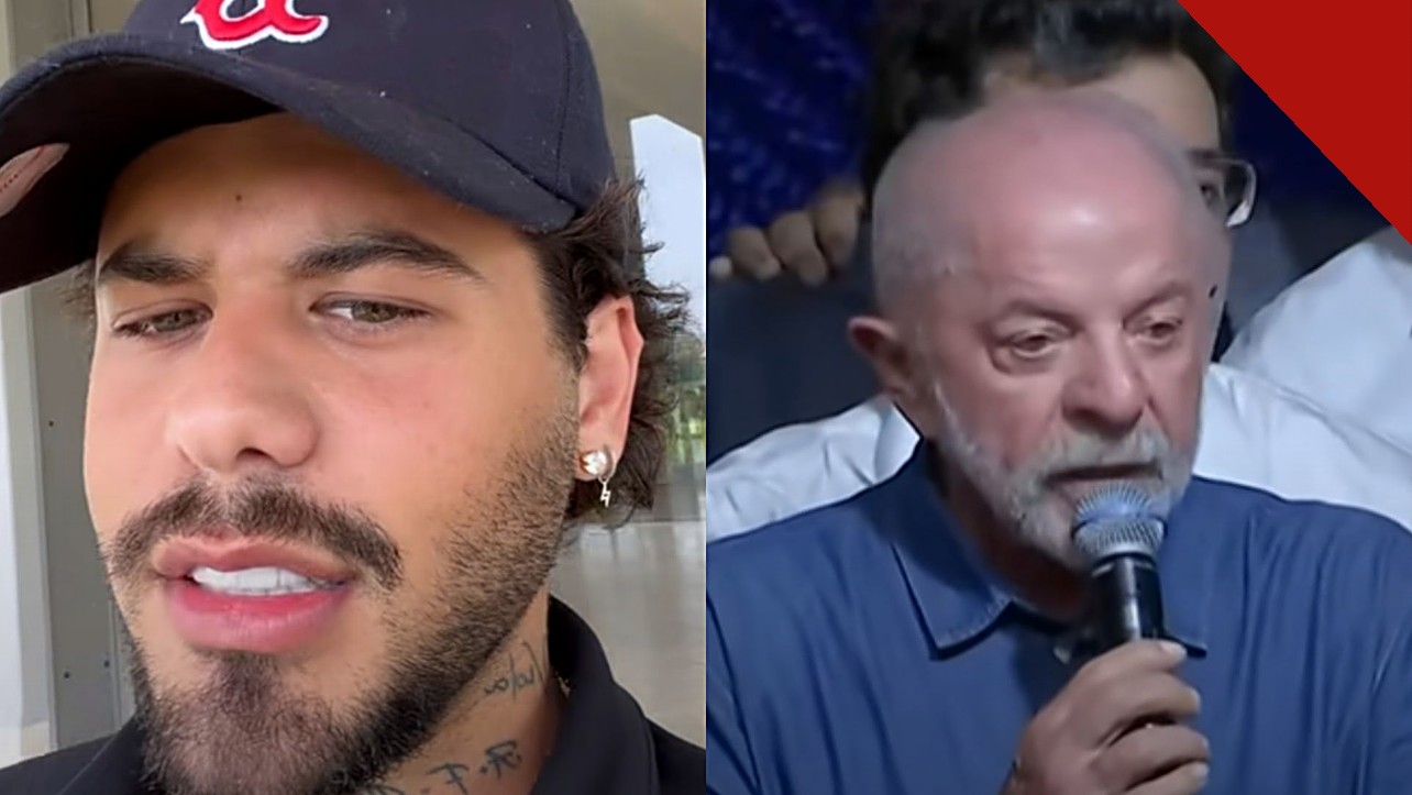 Zé Felipe deseja sucesso a Lula: cantor de boné em close e o presidente falando ao microfone, em montagem