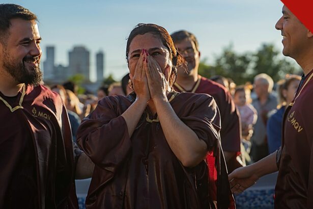 igreja no Paraguai batiza 350 pessoas com fiéis em celebração de batismo nas águas no Paraguai