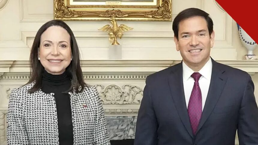volta de María Corina foi negociada pelos EUA: María Corina Machado em encontro com Marco Rubio em foto de divulgação