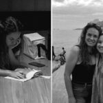 Conversão de Lua Blanco: montagem em preto e branco com a atriz lendo e abraçada à amiga Ewellyn Laura em praia do Rio de Janeiro