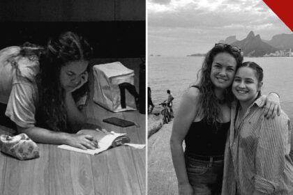 Conversão de Lua Blanco: montagem em preto e branco com a atriz lendo e abraçada à amiga Ewellyn Laura em praia do Rio de Janeiro