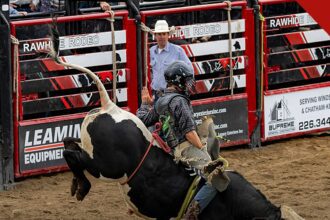 peão morre após ser pisoteado em rodeio em Ohio é o caso de Jason Blake Saylor, e a imagem mostra um competidor em montaria em touro em rodeio nos Estados Unidos