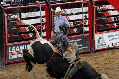 peão morre após ser pisoteado em rodeio em Ohio é o caso de Jason Blake Saylor, e a imagem mostra um competidor em montaria em touro em rodeio nos Estados Unidos
