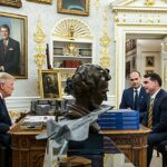 Fachin arquiva inquérito contra Eduardo Bolsonaro no STF, e a imagem mostra Donald Trump com Eduardo Bolsonaro, Flávio Bolsonaro e Paulo Figueiredo em encontro nos Estados Unidos