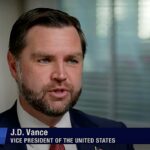 JD Vance fala sobre candidatura em 2028 em entrevista à EWTN, e a imagem mostra o vice presidente JD Vance falando ao comunicador Raymond Arroyo