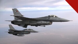 Jordânia bombardeia Estado Islâmico na Síria em retaliação, e a imagem mostra dois caças F-16 da Força Aérea Real da Jordânia em voo