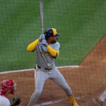 estrelas da World Series falam da fé em Deus e na Virgem Maria, e a imagem mostra o jogador Jackson Chourio, dos Brewers, pronto para rebater em jogo da MLB