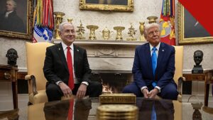 Netanyahu reivindica maioria decisiva em Israel após a noite eleitoral, e a imagem mostra Benjamin Netanyahu ao lado de Donald Trump na Casa Branca, em 2025