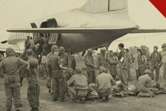 filme The Mosquito Bowl explora sacrifício cristão na Segunda Guerra Mundial, e a imagem mostra fuzileiros feridos sendo embarcados em um avião hospital em Okinawa, em 1945