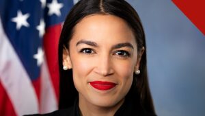 evangelista entrega Bíblia a Ocasio-Cortez no Capitólio, e a imagem mostra o retrato oficial da deputada Alexandria Ocasio-Cortez